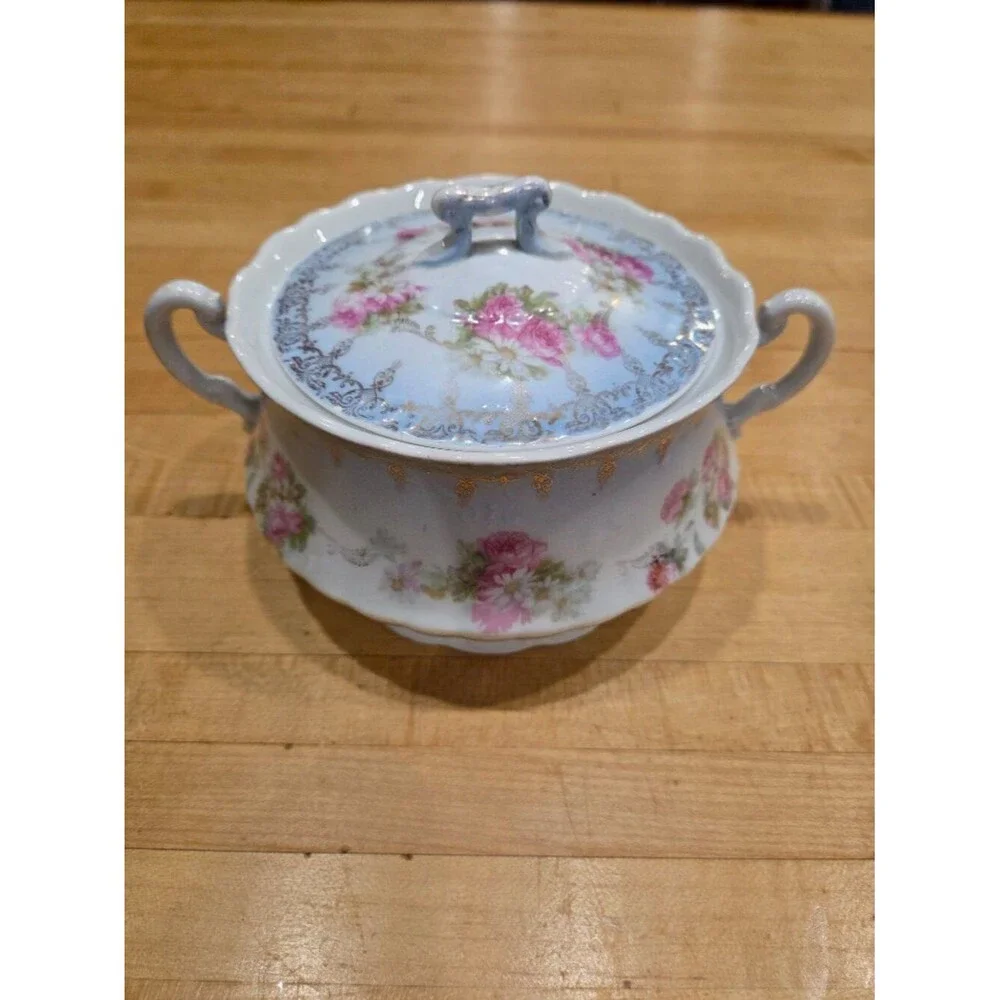 Antique Elbogen Austria Porcelain Sugar Bowl Pink Roses Gold Gilt Vanity Dish